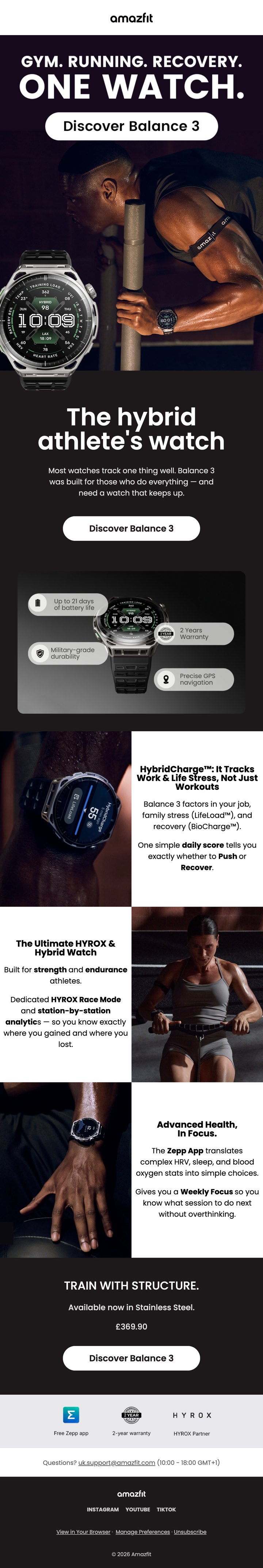 Email Amazfit conçu par Emailio : la Balance 3, la montre de l’athlète hybride