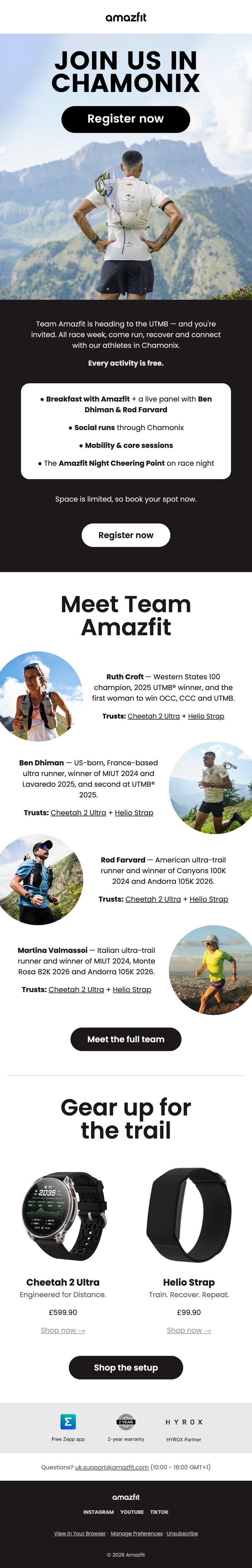 Email événement Amazfit conçu par Emailio : rendez-vous à Chamonix pour l’UTMB avec la Team Amazfit