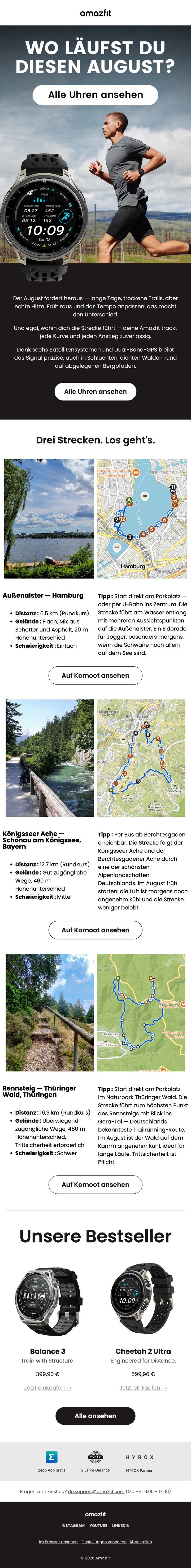 Campagne Amazfit dédiée au marché allemand : trois parcours de course locaux, à Hambourg, en Bavière et en Thuringe