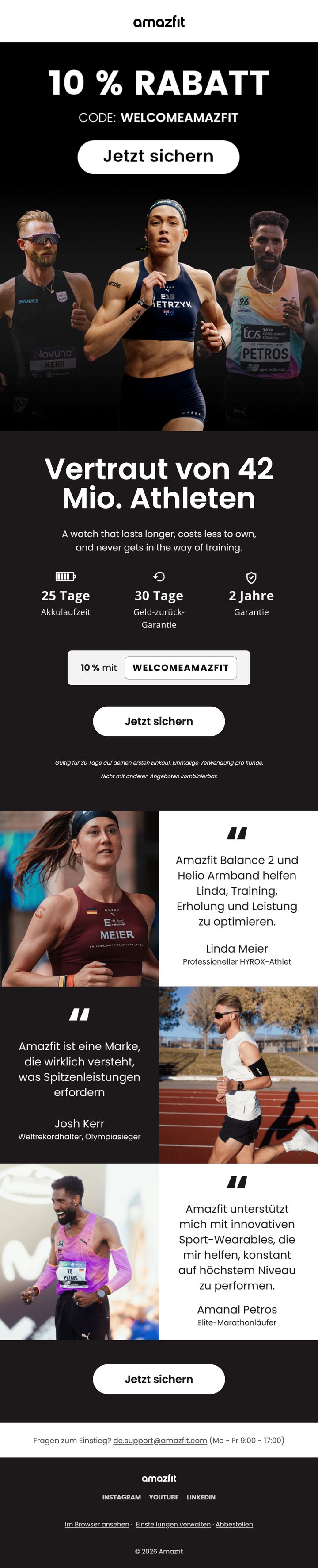 Le même email de bienvenue Amazfit décliné en natif pour l’Allemagne, avec des athlètes et témoignages locaux