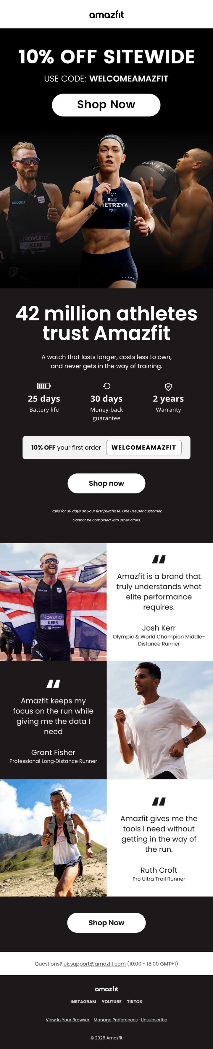 Email de bienvenue Amazfit conçu par Emailio, version anglaise : 42 millions d’athlètes font confiance à Amazfit