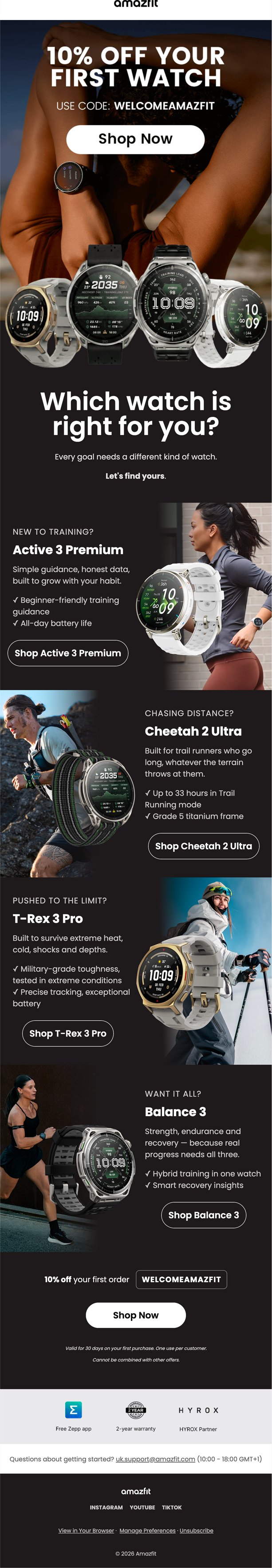 Email de bienvenue Amazfit conçu par Emailio : 10 % sur la première montre et guide des modèles par profil d’athlète
