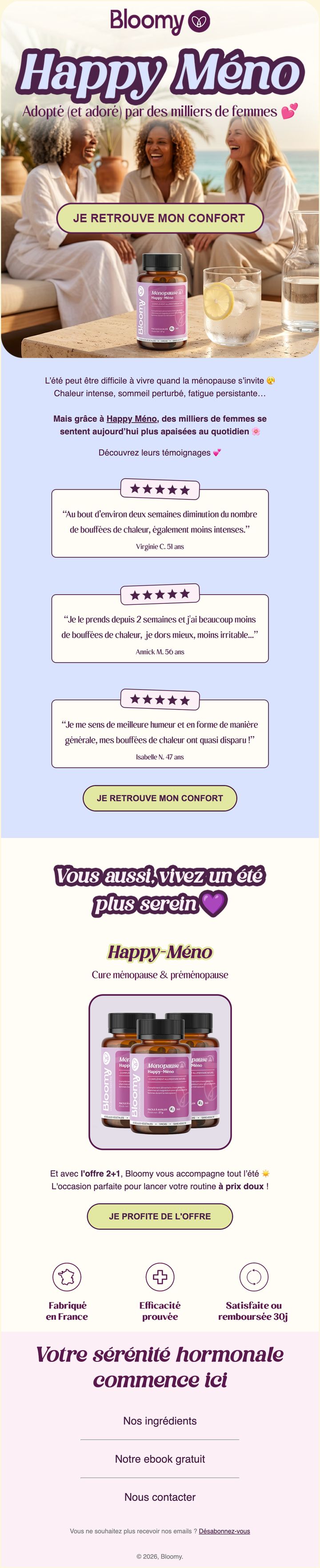 Email témoignages Happy Méno conçu par Emailio pour Bloomy