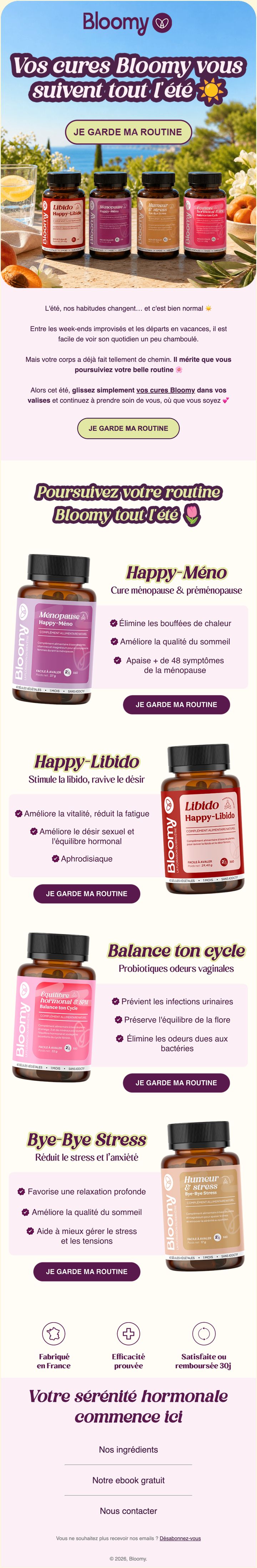 Newsletter routine d’été conçue par Emailio pour Bloomy (compléments féminins)