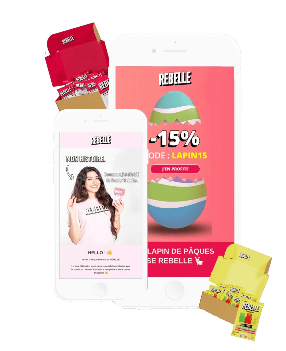 Emails Rebelle conçus par Emailio, présentés sur mobile