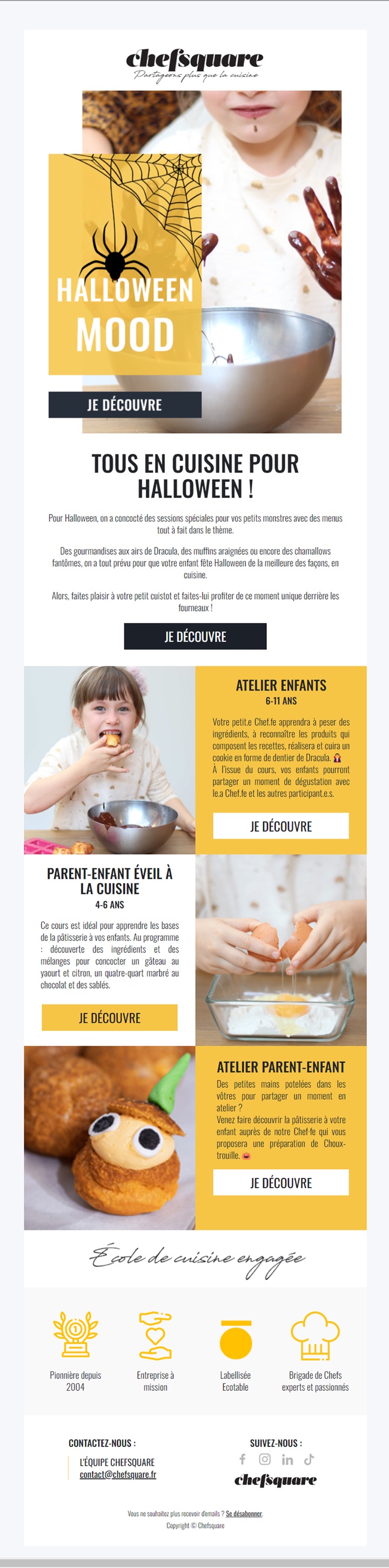 Email Halloween conçu par Emailio pour Chefsquare (ateliers de cuisine)