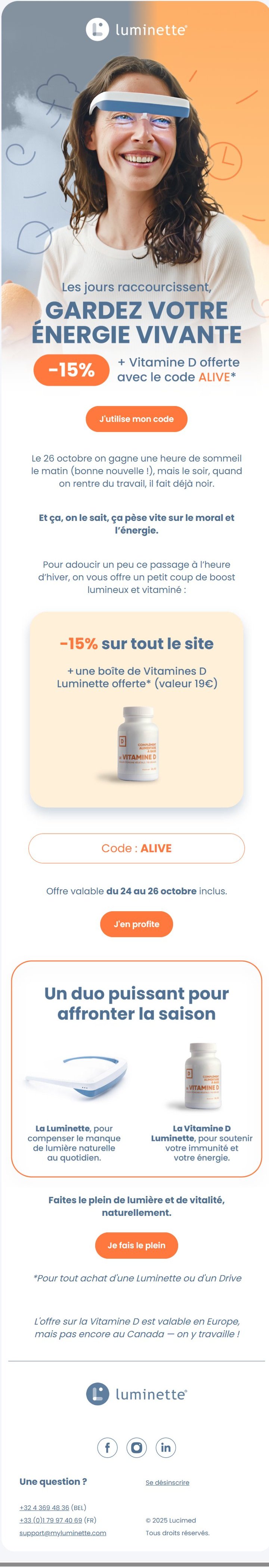 Email Luminette conçu par Emailio : gardez votre énergie vivante