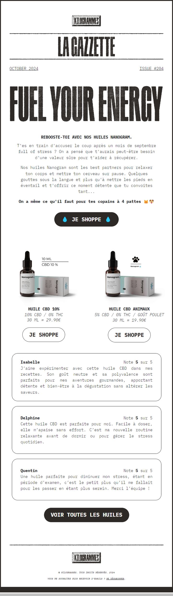 Newsletter gazette conçue par Emailio pour Kilogrammes (gamme Nanogram)