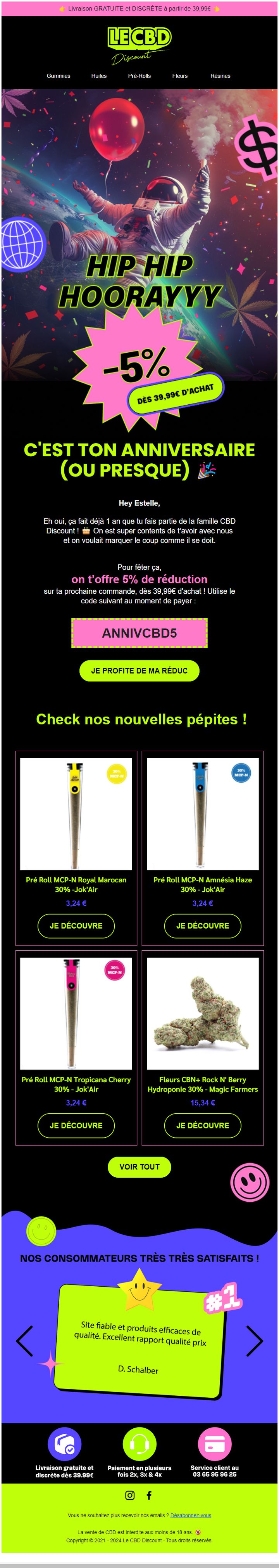 Email anniversaire conçu par Emailio pour Le CBD Discount