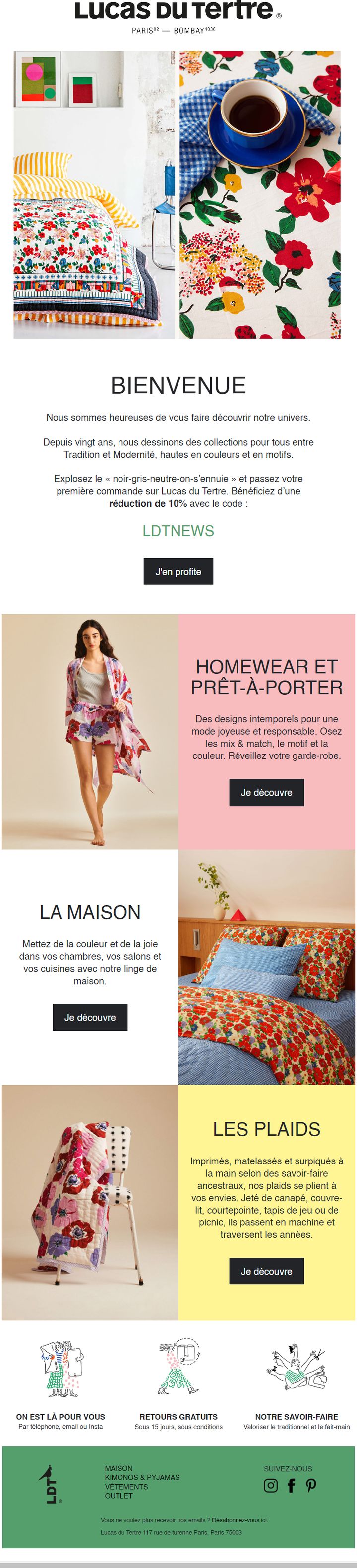 Email de bienvenue conçu par Emailio pour Lucas du Tertre (linge de maison)