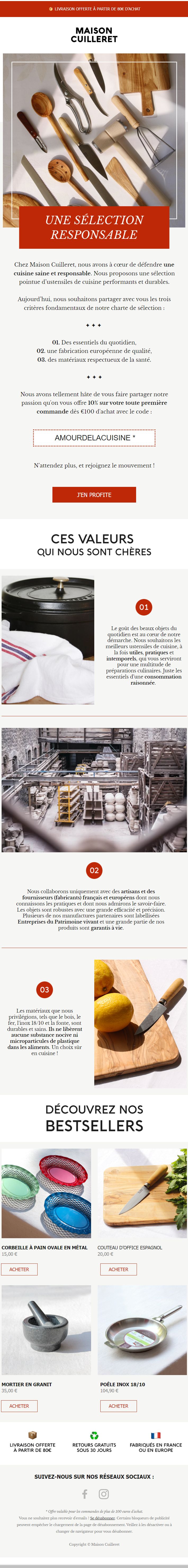 Email de bienvenue conçu par Emailio pour Maison Cuilleret (ustensiles de cuisine)
