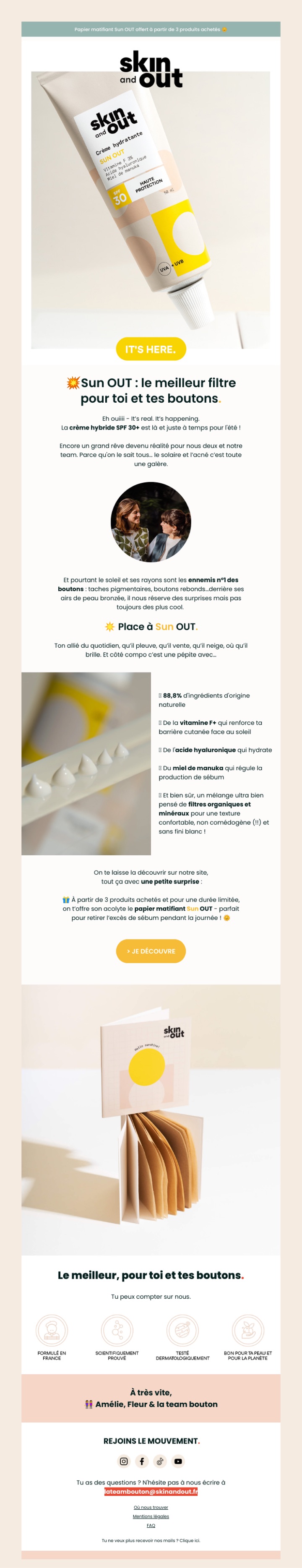 Email lancement produit conçu par Emailio pour Skin and Out (SPF 30 anti-imperfections)