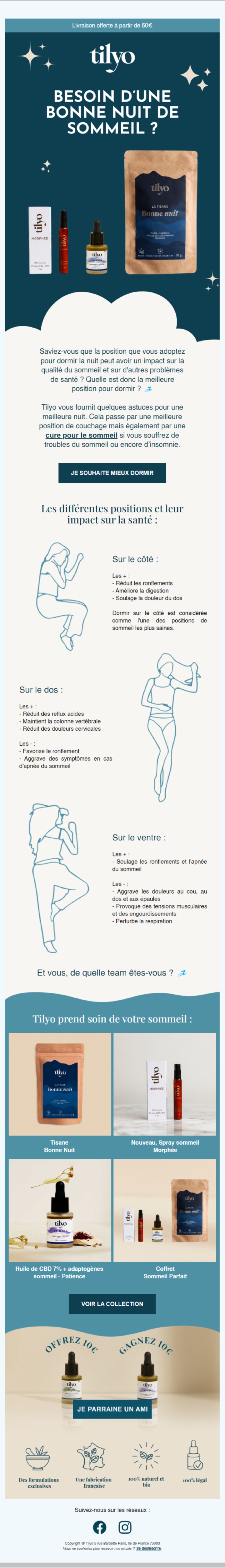 Newsletter sommeil conçue par Emailio pour Tilyo (compléments naturels)
