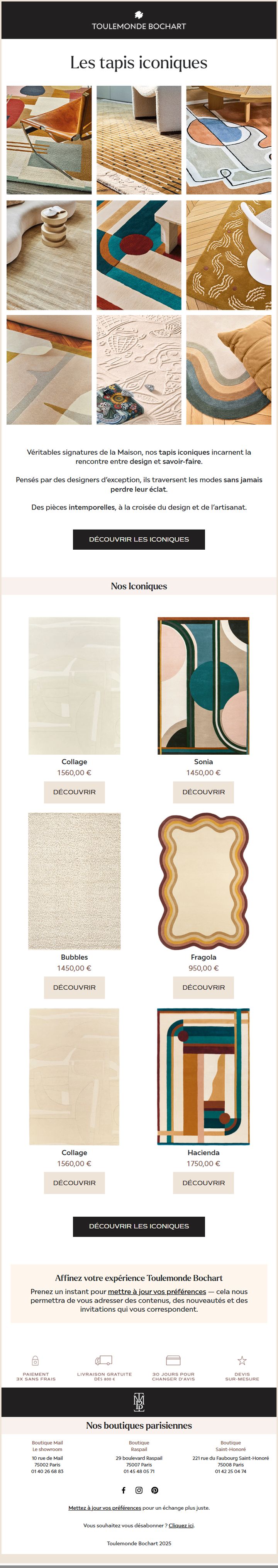 Email collection Les Iconiques conçu par Emailio pour Toulemonde Bochart (tapis design)