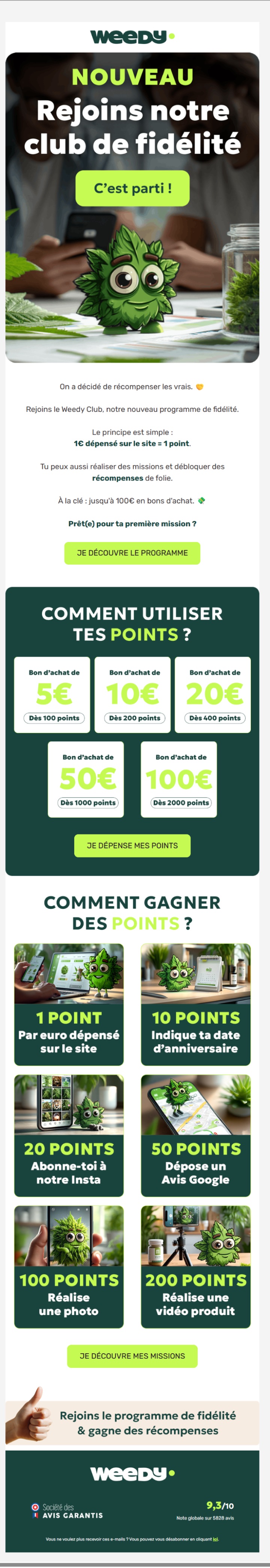 Email programme de fidélité conçu par Emailio pour Weedy (CBD)