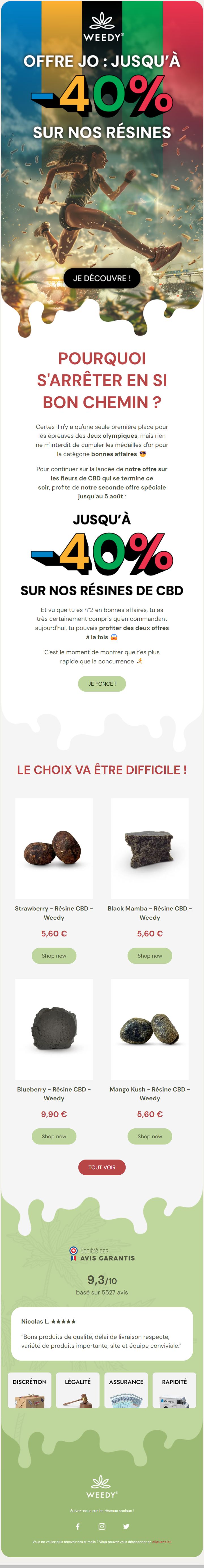 Email promo des JO conçu par Emailio pour Weedy (CBD)