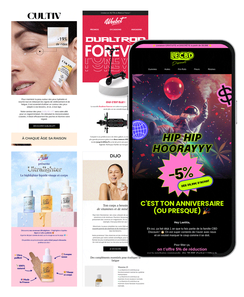 Créations email animées réalisées par Emailio pour des marques e-commerce